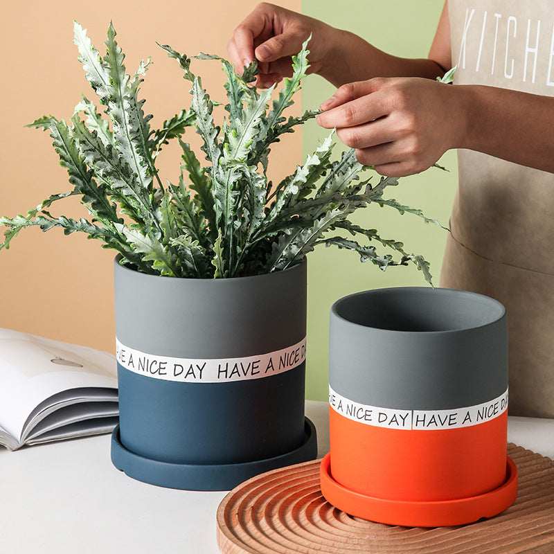 Dark Grey + Orange Cylinder Plant Pots with Saucer