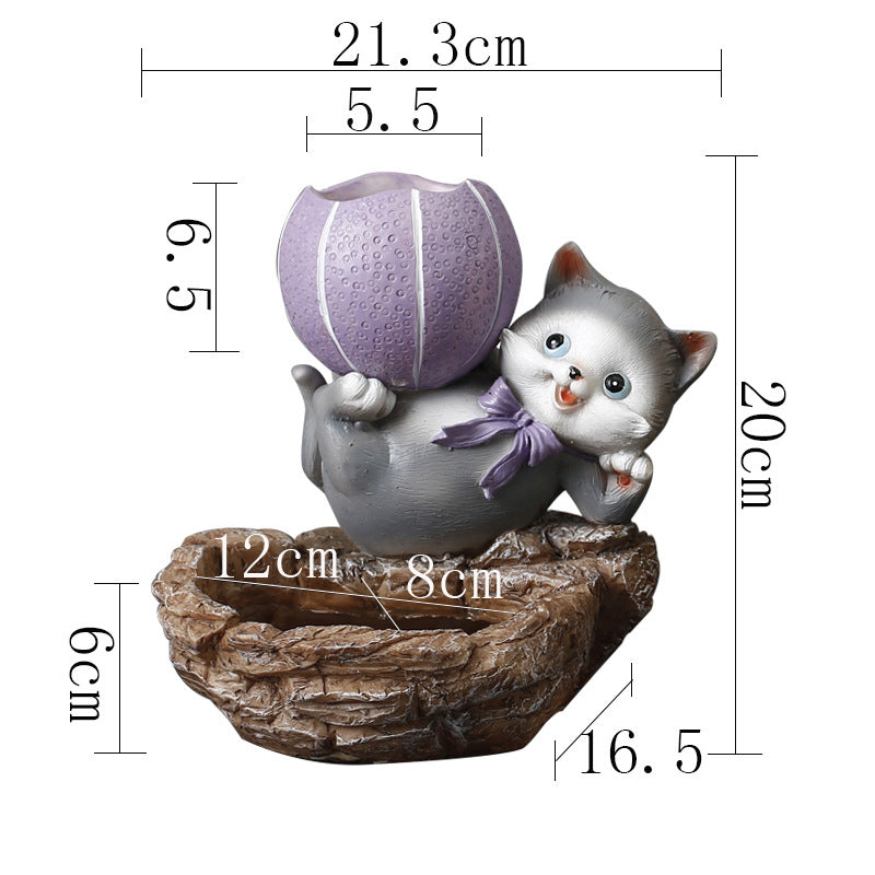 Grey Cat Lifting Purple Basketball Resin Plant Pots Creative Planters Home Decor