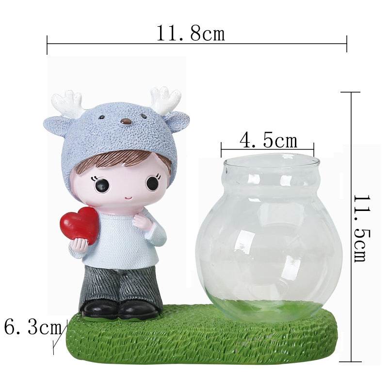 Resin Deer Figurine Boy Terrarium Pot Hydroponic Plants Hydrocotyle