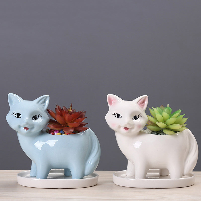 Lovely Blue Fox Plant Pot With Tray Decorative Succulent Planter Birthday Gift