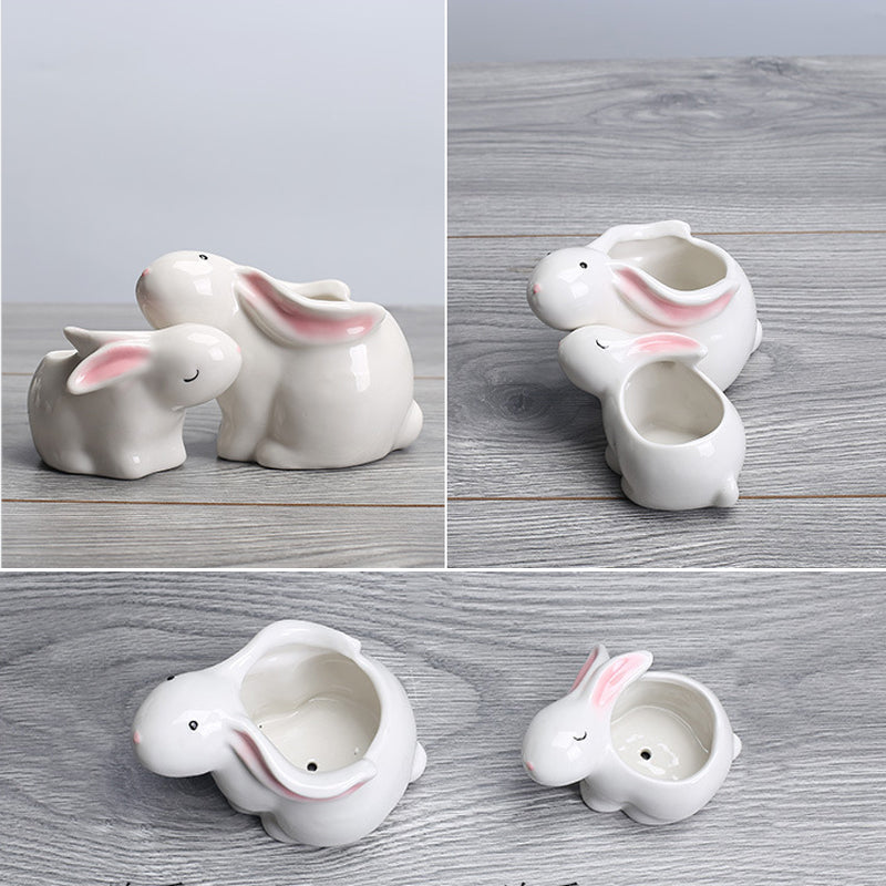 Mini White Rabbit Plant Pot Glazed Indoor Planter Creative Decor