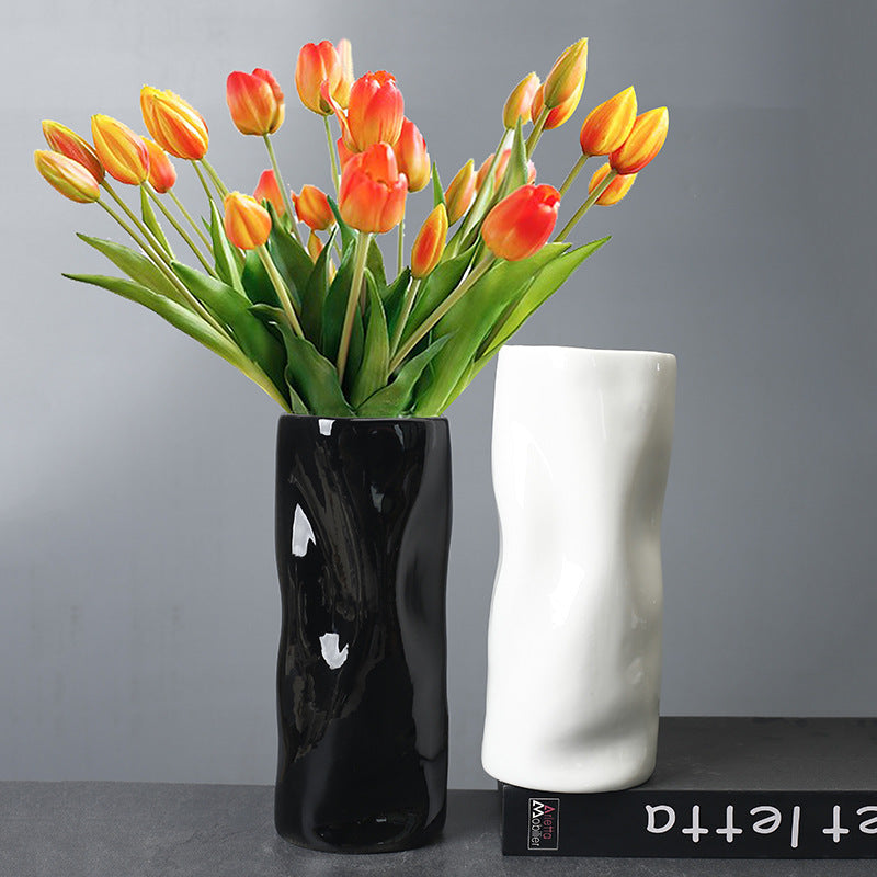 Black Irregular Ceramic Vase With Straight Barrel, Decorative Vases For Living Room, Bedroom