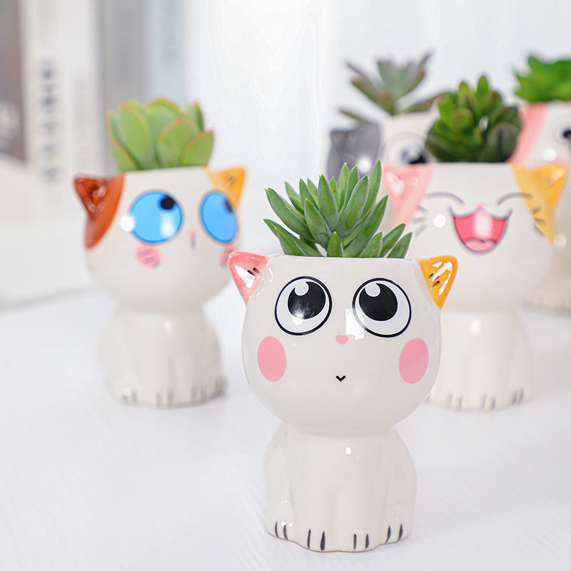 White Mini Cute Kitten Glazed Plant Pot , Model 3