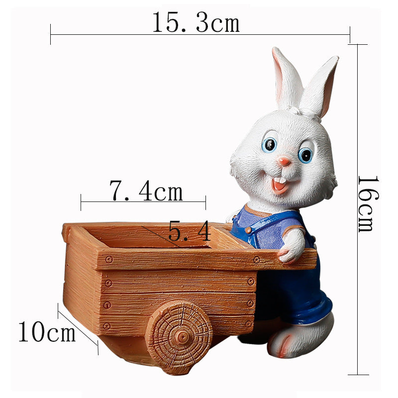 Blue Clothes Bunny With Cart Mini Resin Plant Pot Indoor Planter Creative Decor