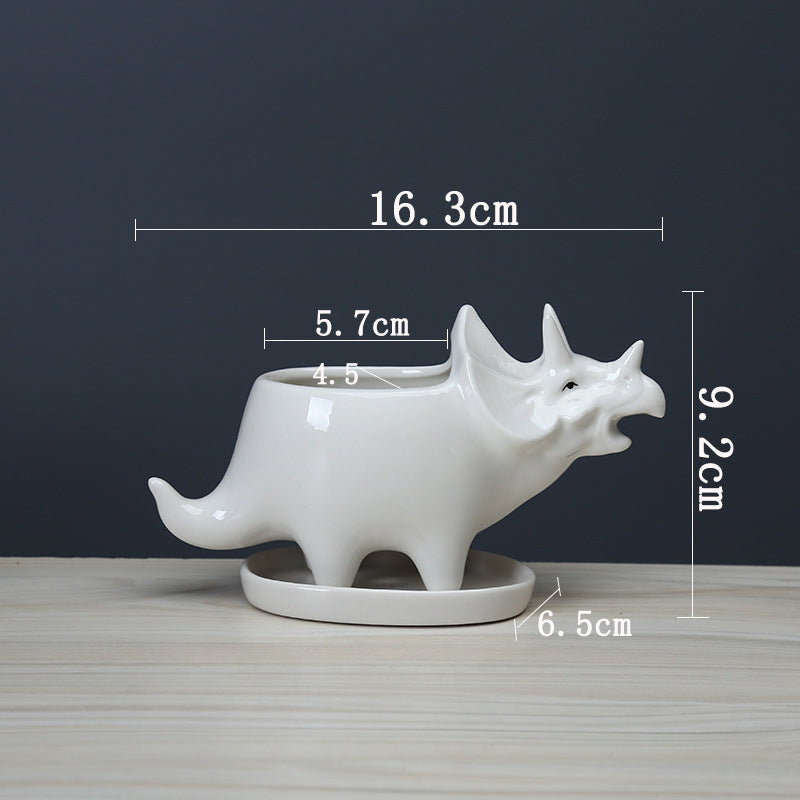 Mini White Triceratops Succulent Plant Pot Glazed Indoor Planter