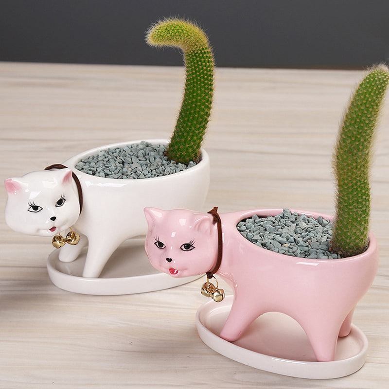 White Walking Kitten Plant Pot Mini Creative Planter Indoor Flowerpot