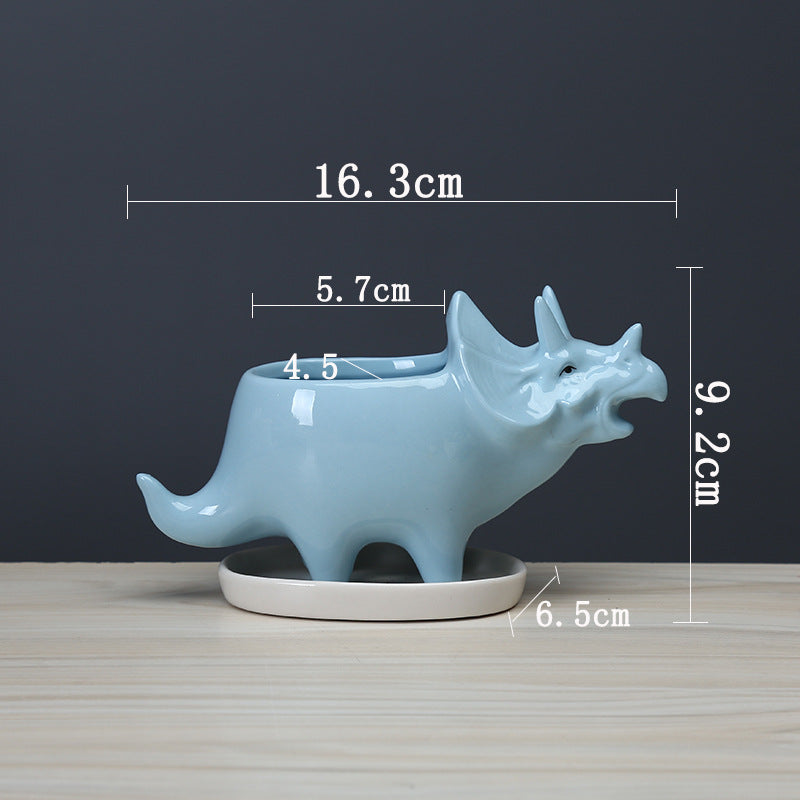 Mini Blue Triceratops Succulent Plant Pot Glazed Indoor Planter