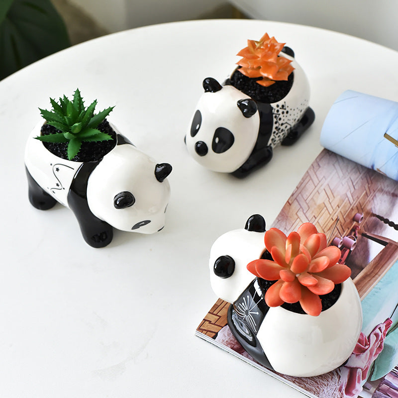 White Mini Cute Panda Glazed Plant Pot , Model 3