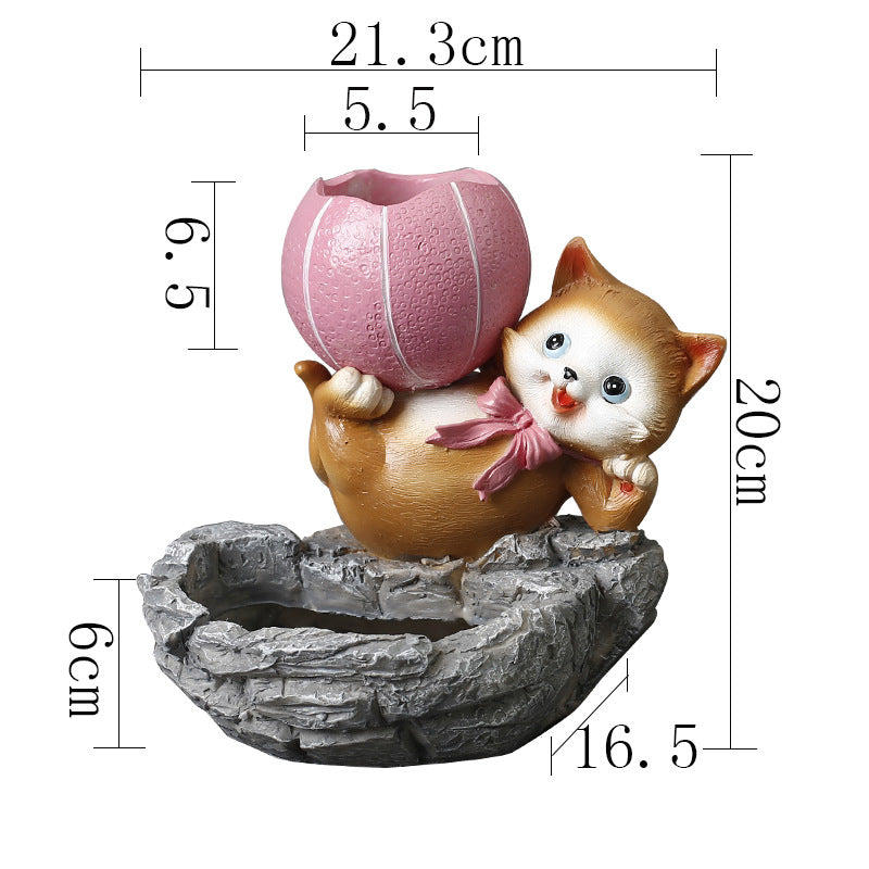 Brown Cat Lifting Pink Basketball Resin Plant Pots Creative Planters Home Decor