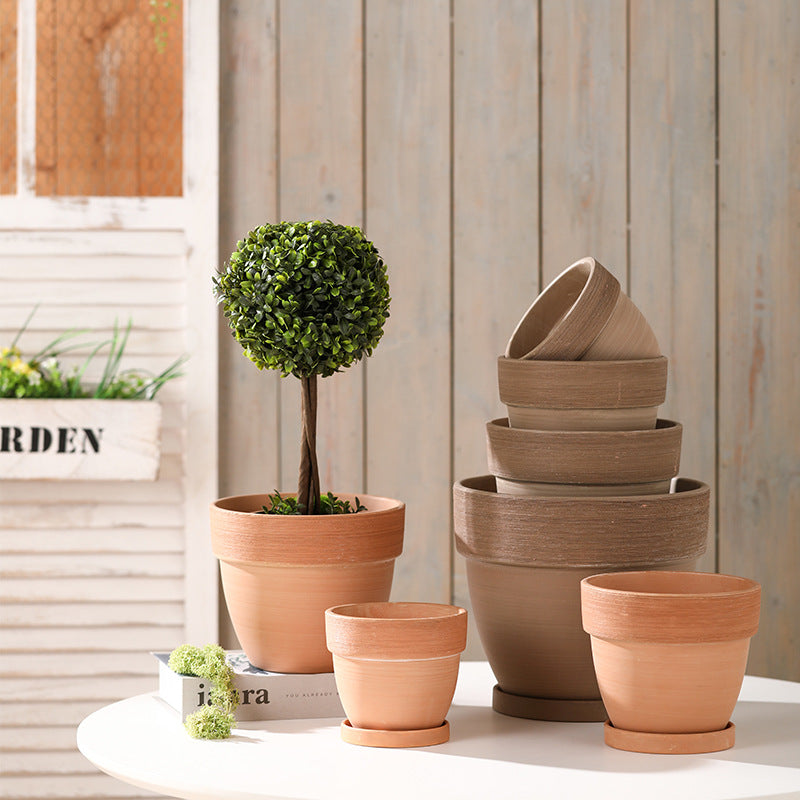 Mocha Terracotta Round Plant Pot Wide-brimmed Brushed Flowerpot