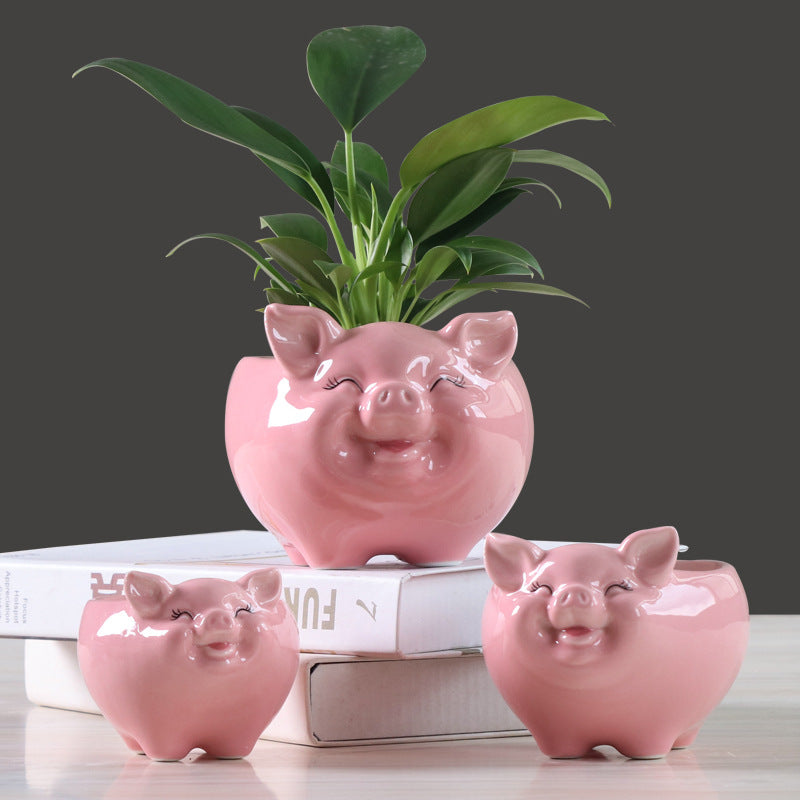 White Little Pig Glazed Plant Pot Lovely Indoor Planter Mini Animal Decor