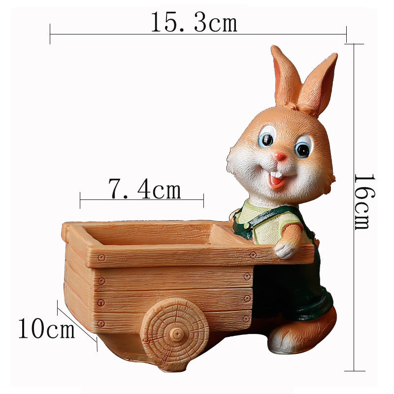 Green Clothes Bunny With Cart Mini Resin Plant Pot Indoor Planter Creative Decor