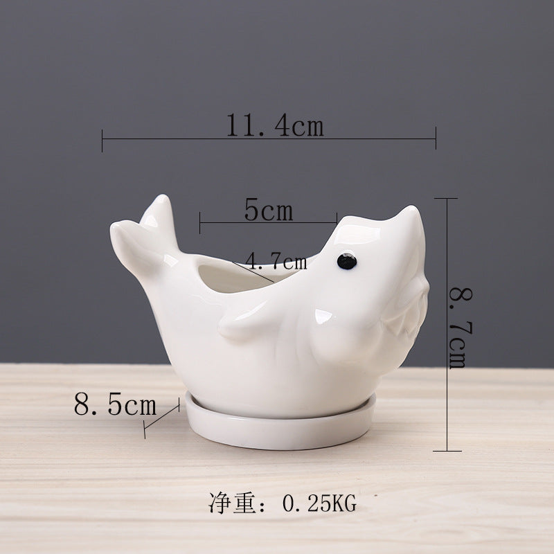 White Dolphin With Tray Creative Animal Indoor Planter, Model 1