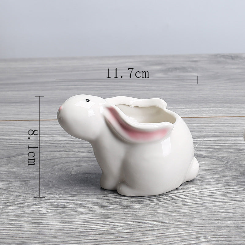 Mini White Rabbit Plant Pot Glazed Indoor Planter Creative Decor