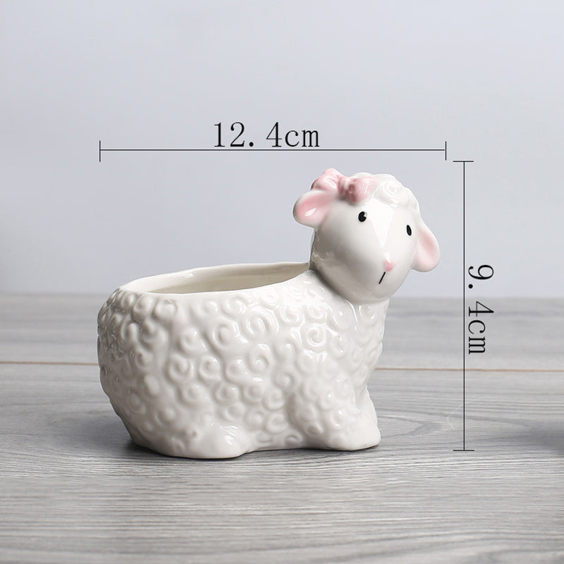 White Female Sheep Plant Pot Indoor Creative Planter Mini Animal Flowerpot