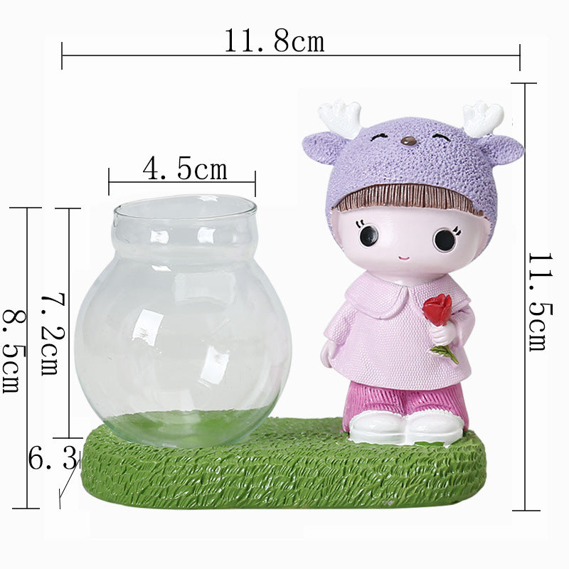 Resin Deer Figurine Girl Terrarium Pot Hydroponic Plants Hydrocotyle