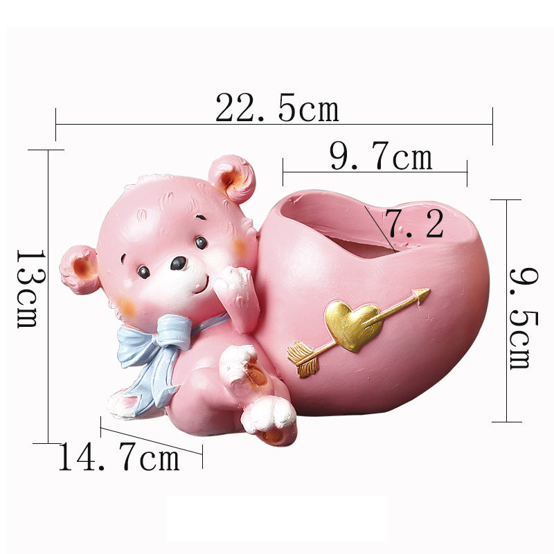 Pink Bear Sit Beside Heart Resin Plant Pots Indoor Planters Creative Decor