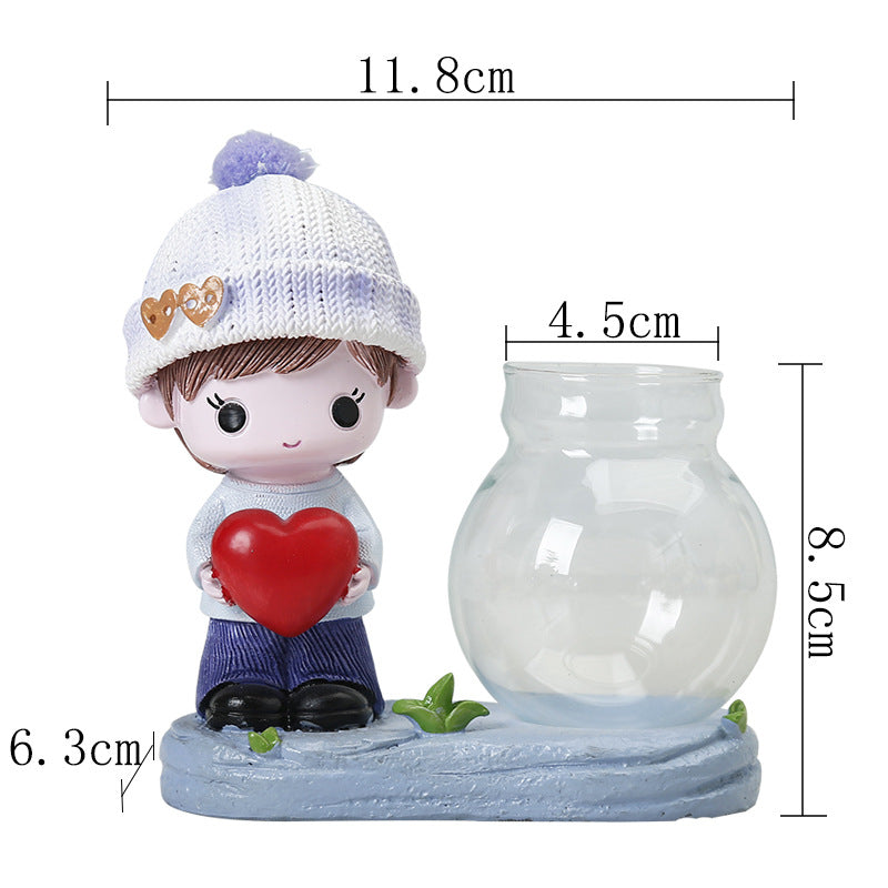 Resin Hugging Figurine Boy Terrarium Pot Hydroponic Plants Hydrocotyle