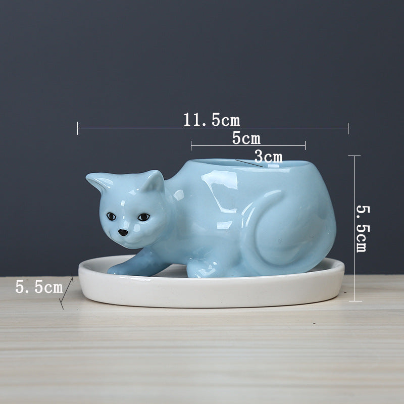 Super Cute Blue Kitten Plant Pot Creative Indoor Succulent Planter With Tray