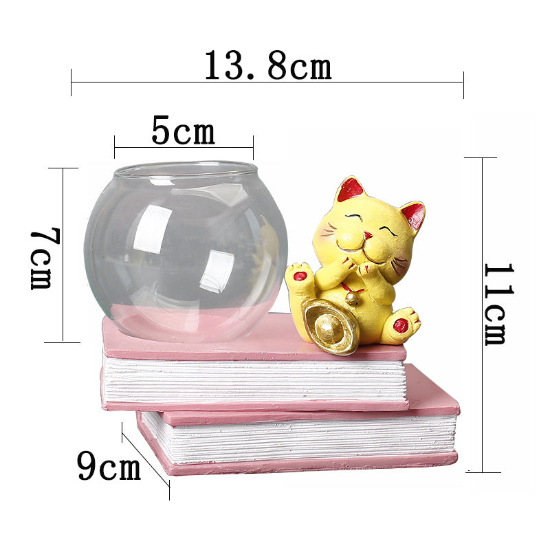 Yellow Resin Fortune Cat Terrarium Pot Hydroponic Plants Office Home Decor