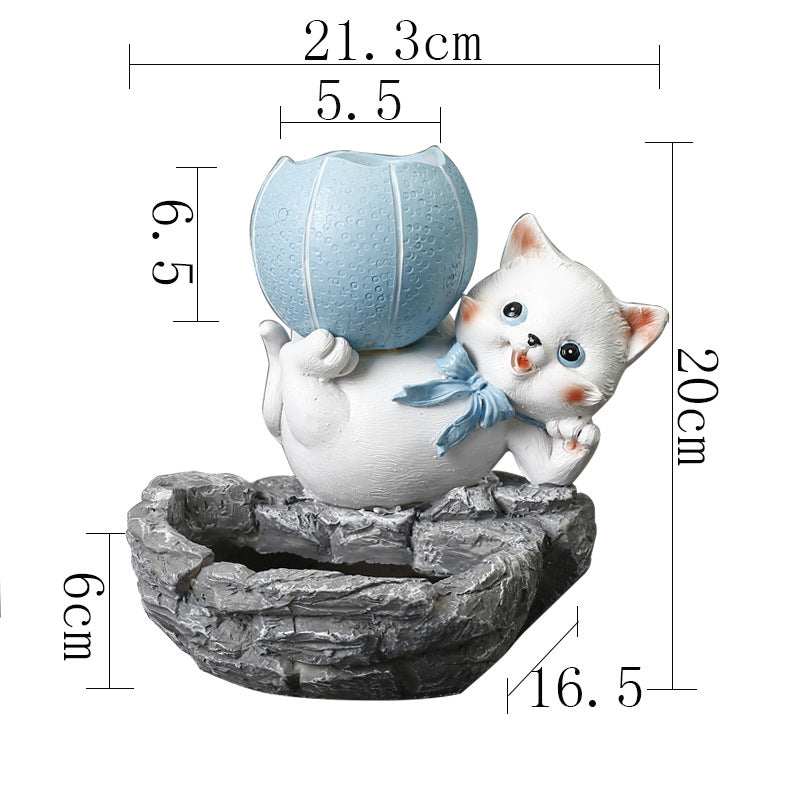 White Cat Lifting Blue Basketball Resin Plant Pots Creative Planters Home Decor