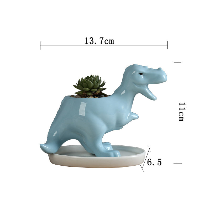 Mini Blue Tyrannosaurus Rex  Succulent Plant Pot Glazed Indoor Planter