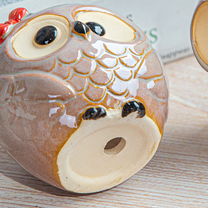 Brown Owl Glazed Plant Pot , Red Eyebrow + Fat