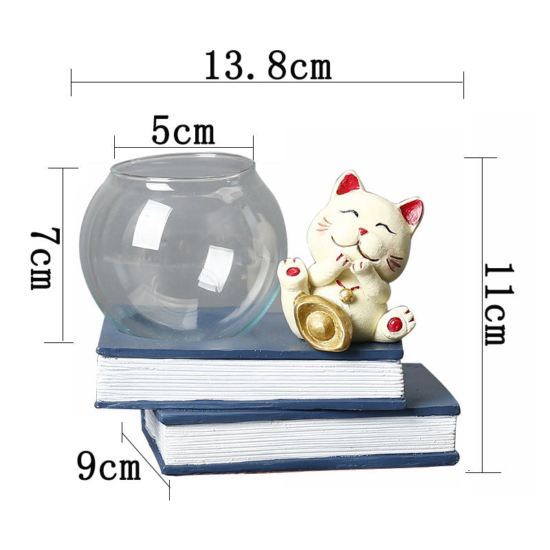 Light Yellow Resin Fortune Cat Terrarium Pot Hydroponic Plants Office Home Decor