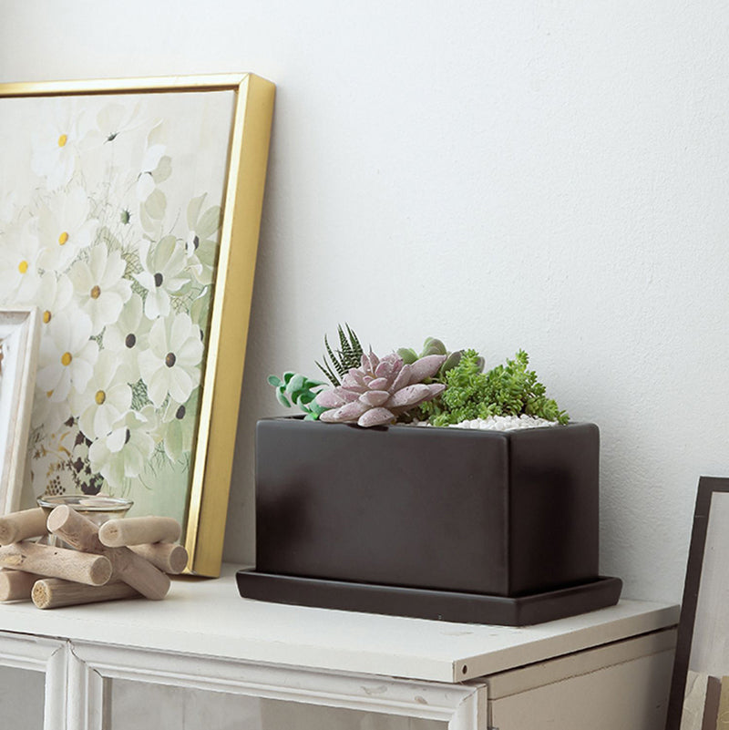 Black Glazed Rectangular Plant Pots Flowerpots with Saucer