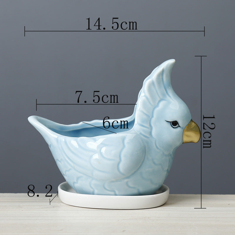 Lovely Blue Parrot Mini Plant Pot Creative Indoor Planter Animal Decor