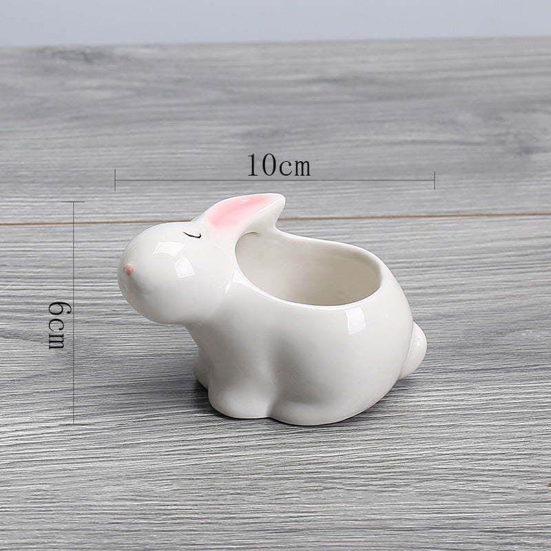 Mini White Baby Rabbit Plant Pot Glazed Indoor Planter Creative Decor