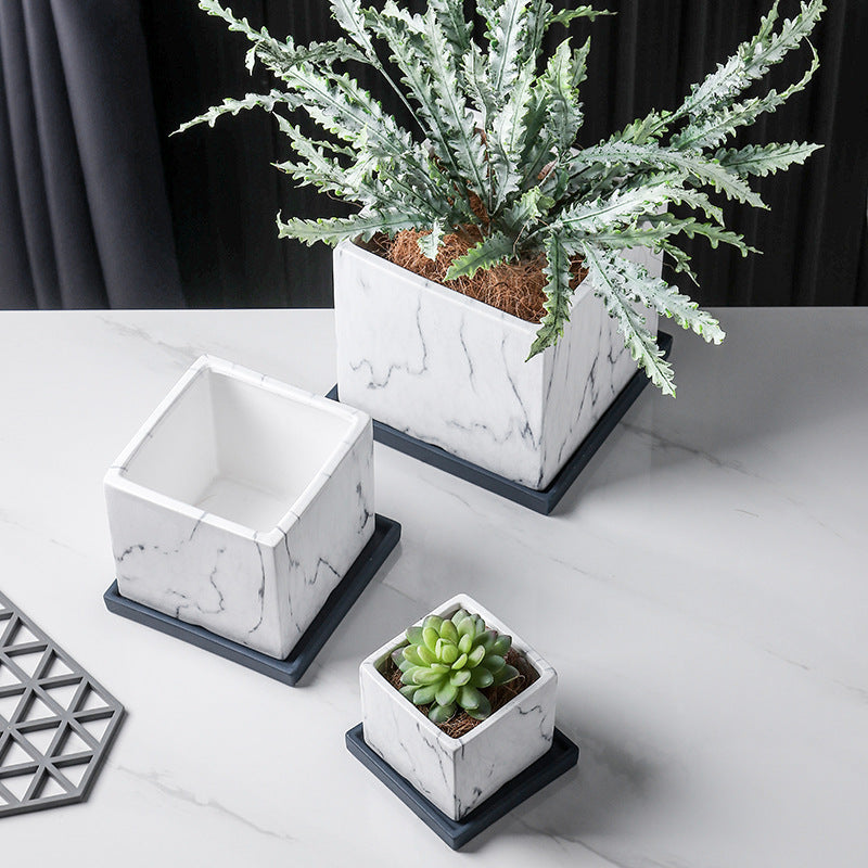 White Blue Texture Square Plant Pots Indoor Flowerpots Planters