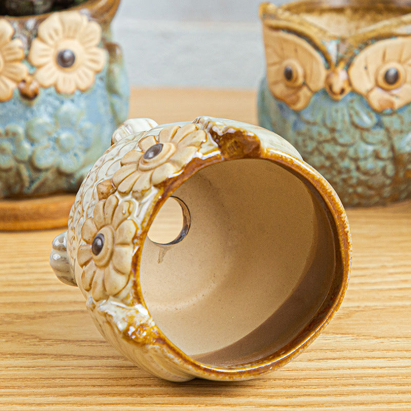 Yellow Owl Glazed Plant Pot MIni Creative Planter ,  Model 3