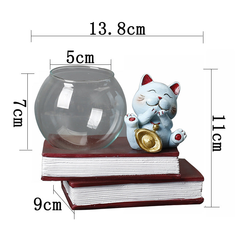 Blue Resin Fortune Cat Terrarium Pot Hydroponic Plants Office Home Decor