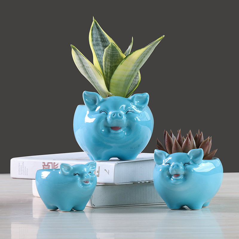 Blue Little Pig Glazed Plant Pot Lovely Indoor Planter Mini Animal Decor