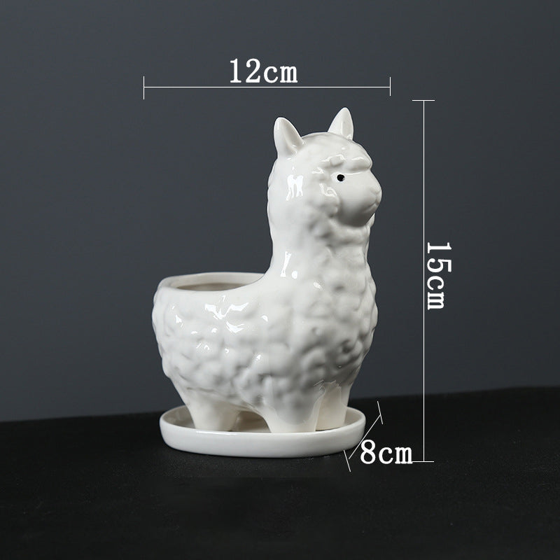 Lovely White Alpaca Plant Pot With Tray Creative Indoor Planter Animal Decor