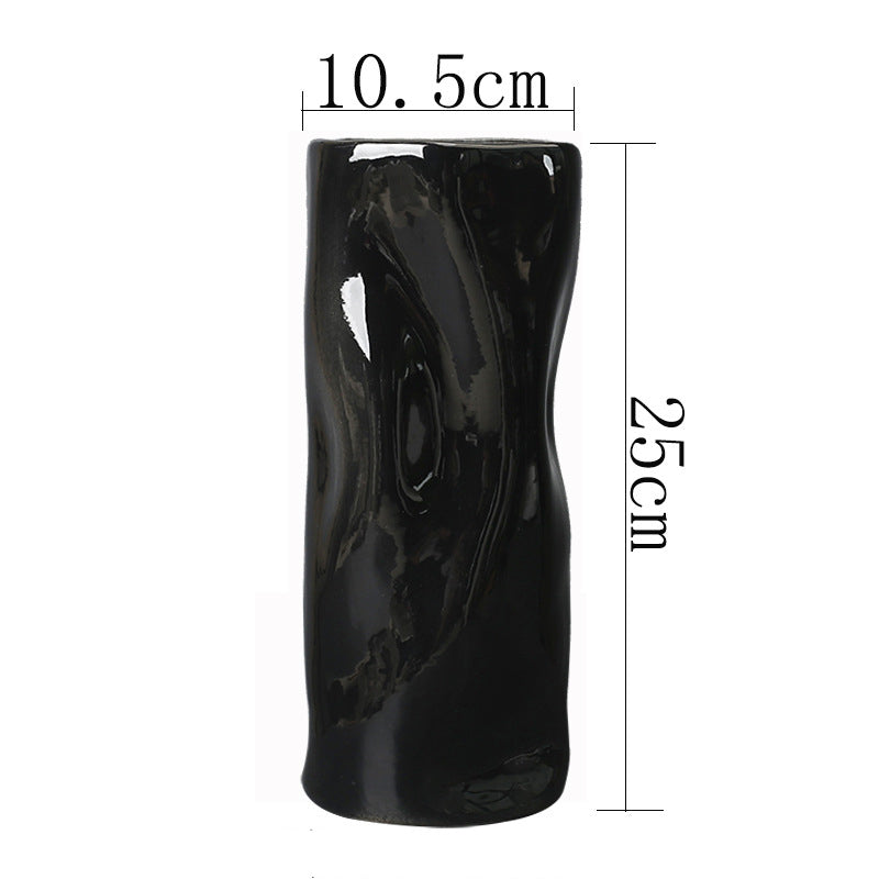 Black Irregular Ceramic Vase With Straight Barrel, Decorative Vases For Living Room, Bedroom