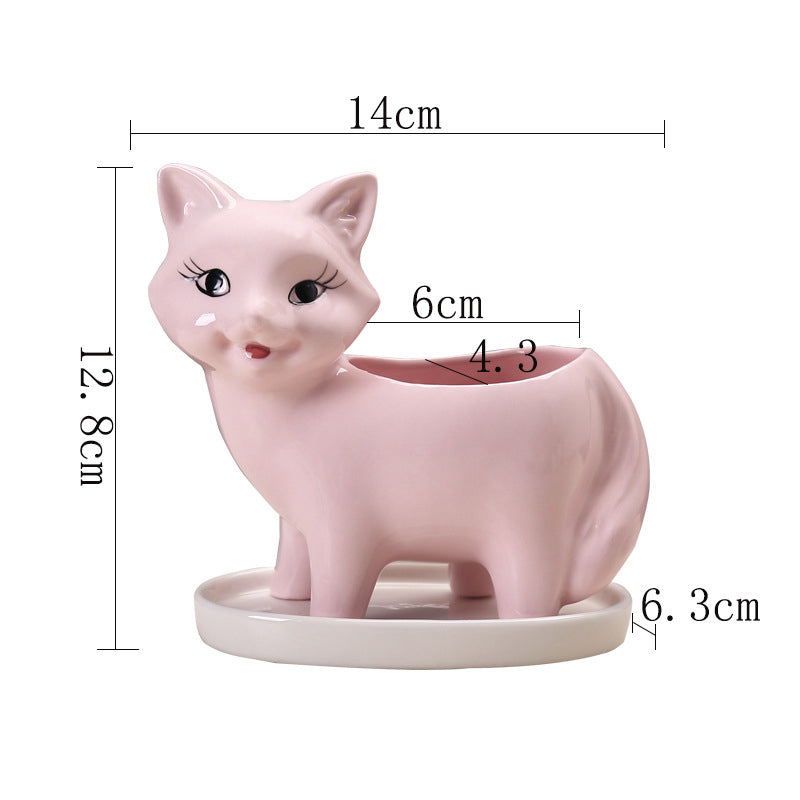 Lovely Pink Fox Plant Pot With Tray Decorative Succulent Planter Birthday Gift