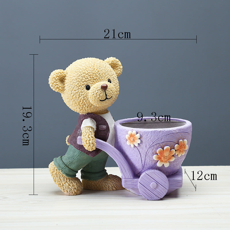 Male Bear With Cart Mini Resin Plant Pots Lovely Indoor Planters Creative Decor