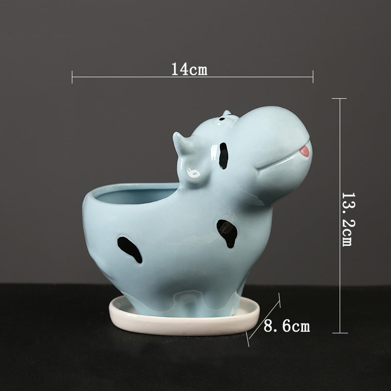 Mini Blue Cow Plant Pot Creative Succulent Indoor Planter With Saucer