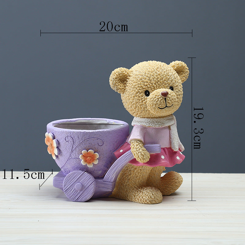 Female Bear With Cart Mini Resin Plant Pots Lovely Indoor Planters Creative Decor