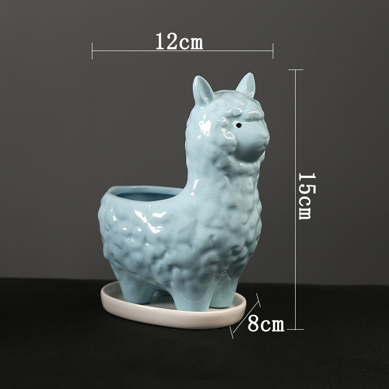 Lovely Blue Alpaca Plant Pot With Tray Creative Indoor Planter Animal Decor