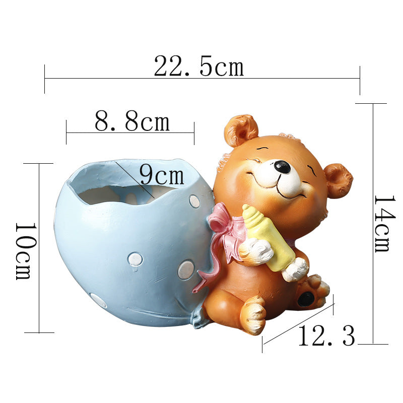 Brown Bear Blue Cloth Bag Resin Plant Pots Indoor Planters Creative Decor