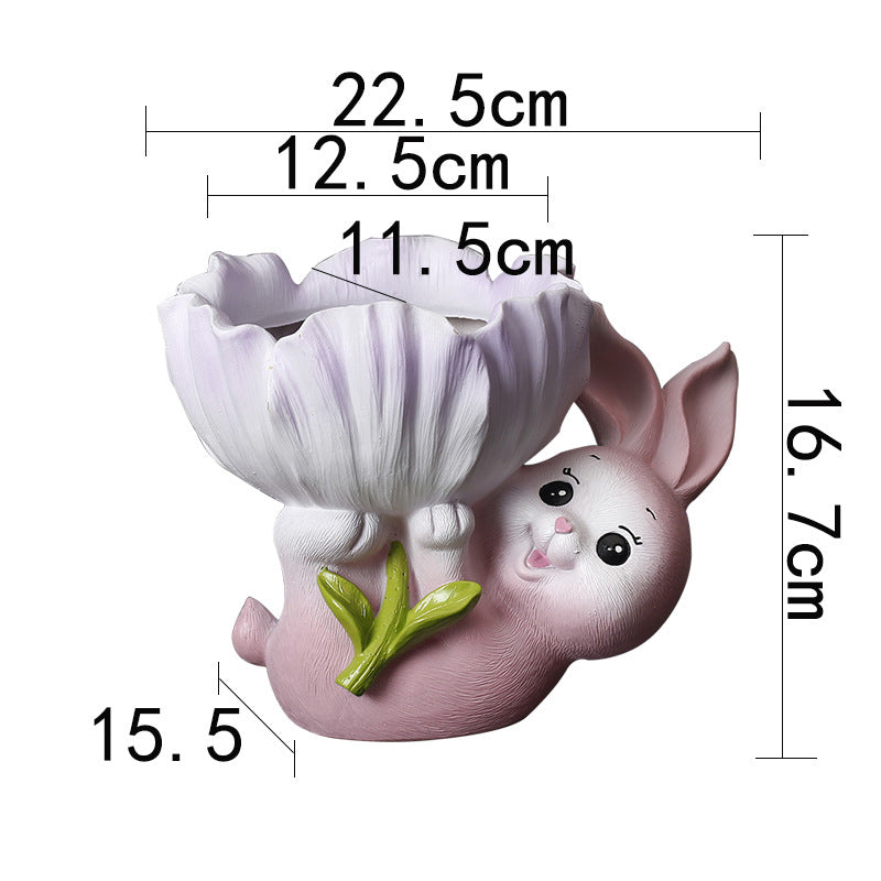 Pink Bunny Holding Flower Resin Plant Pots Succulent Planters Birthday Gifts