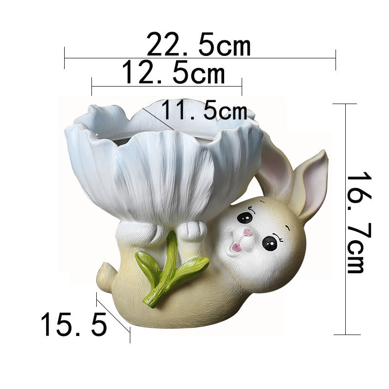 Light Yellow Bunny Holding Flower Resin Plant Pots Succulent Planters Birthday Gifts