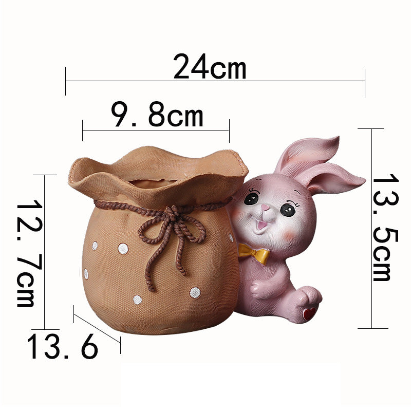 Pink Bunny Holding Cloth Bag Resin Plant Pots Succulent Planters Birthday Gifts