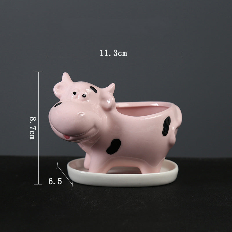 Mini Pink Baby Cow Plant Pot Creative Succulent Indoor Planter With Saucer