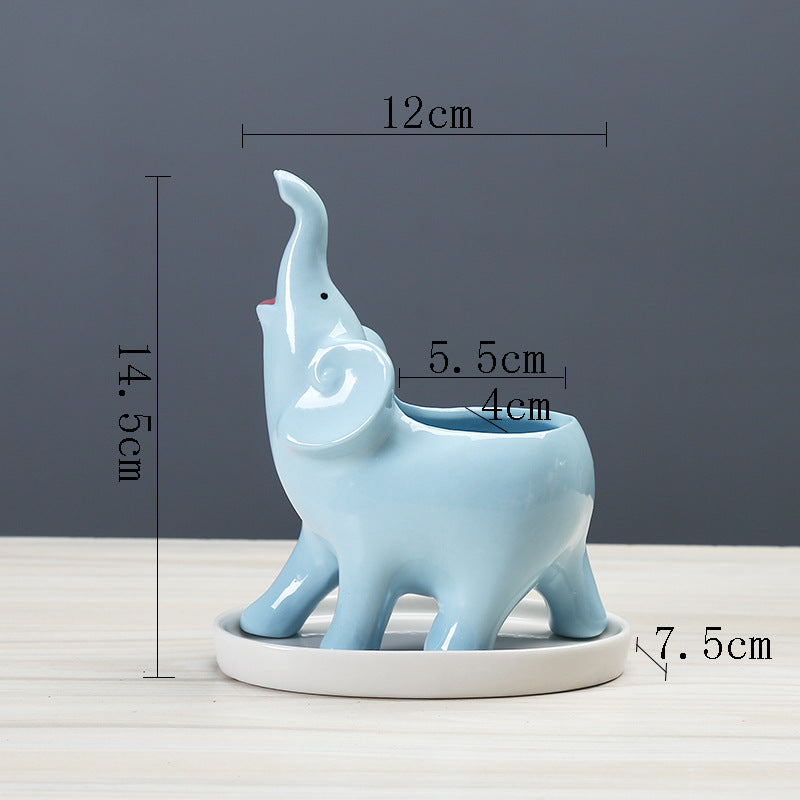 Blue Elephant Plant Pot WIth Tray Creative Succulent Planter Home Office Decor