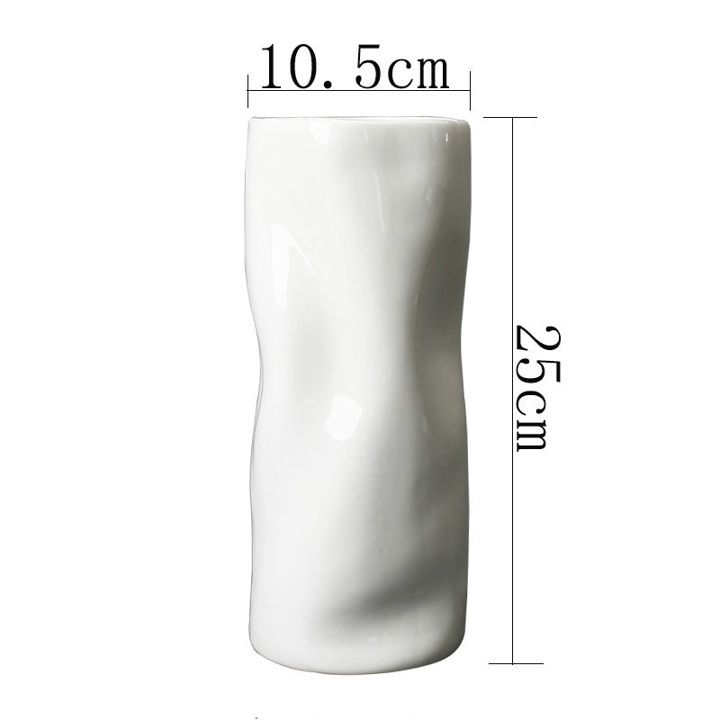 White Irregular Ceramic Vase With Straight Barrel, Decorative Vases For Living Room, Bedroom