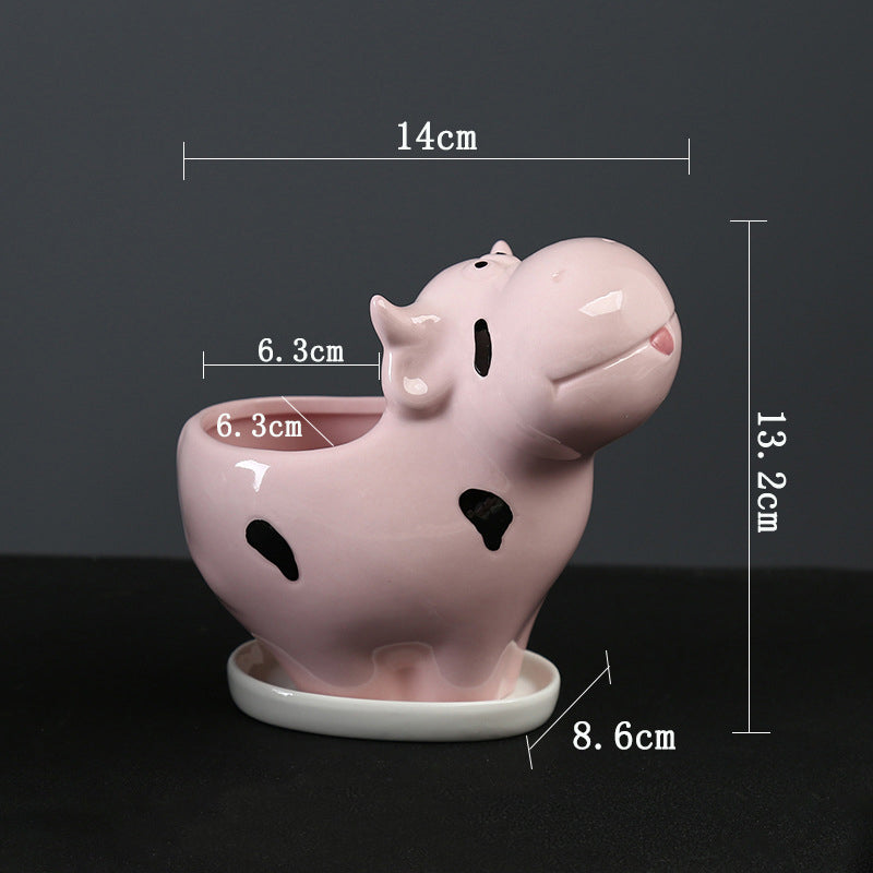 Mini Pink Cow Plant Pot Creative Succulent Indoor Planter With Saucer